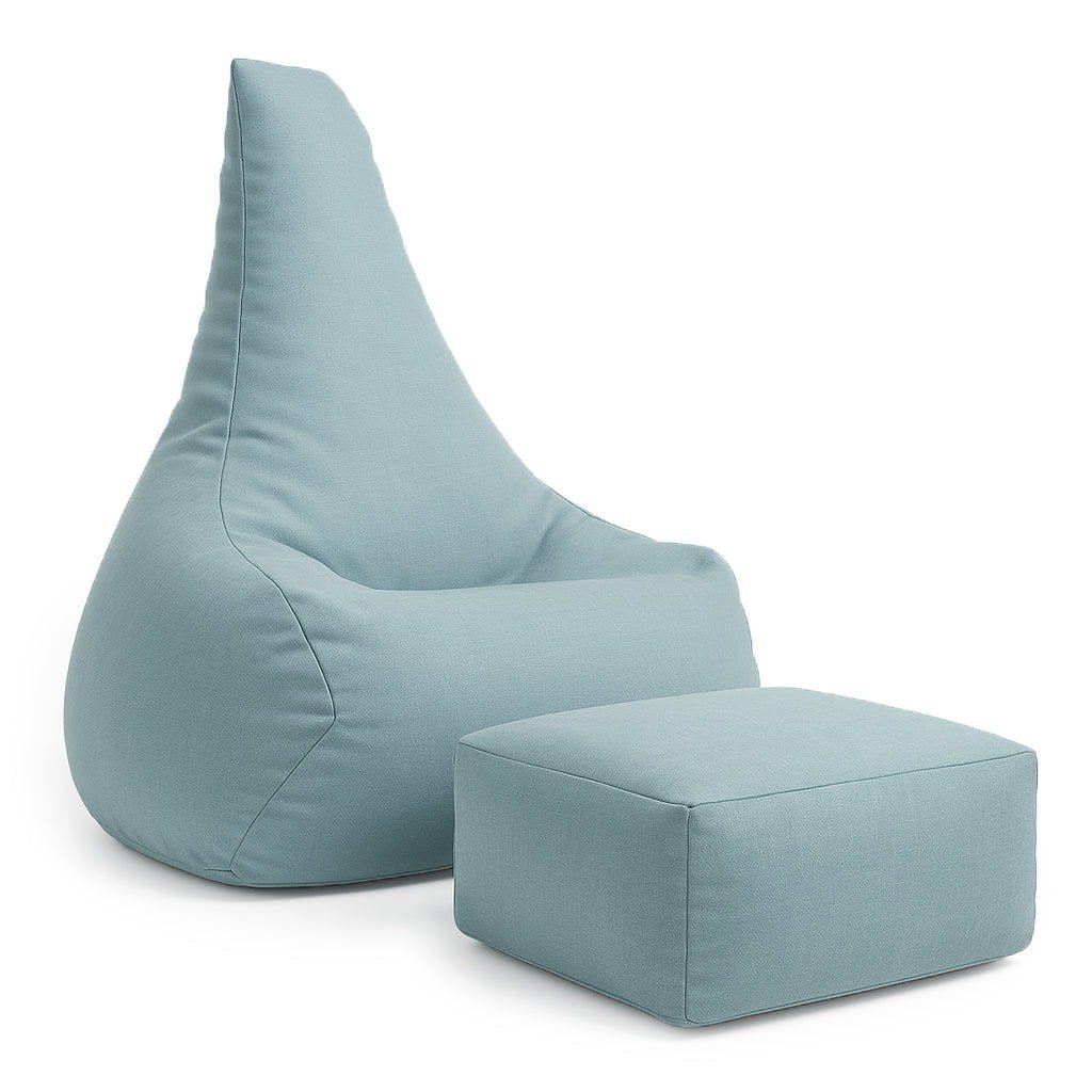 1. Sky blue bean bag with matching footrest on white background, ergonomic design for kids, water-repellent and UV-resistant fabric by MeowBaby