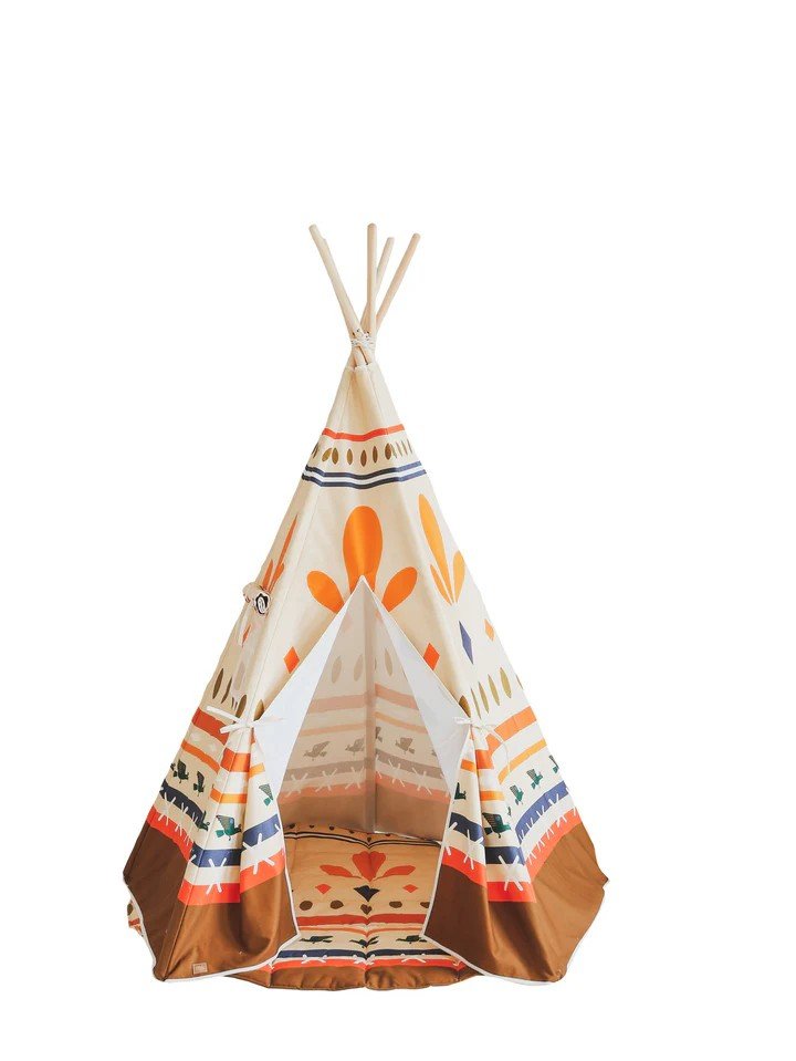 2. Studio shot of Moi Mili teepee tent with bold geometric prints and sturdy pine poles, shown on a white background