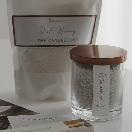 2. Candledust Dark Honey candle kit with glass container and matches