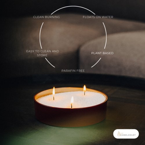 3. Candledust powdered candle in a round container, highlighting clean burning, plant-based, paraffin-free features