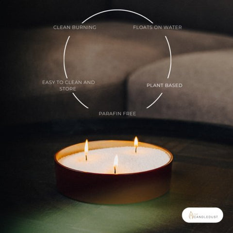 3. Candledust powdered candle in a round container, highlighting clean burning, plant-based, paraffin-free features