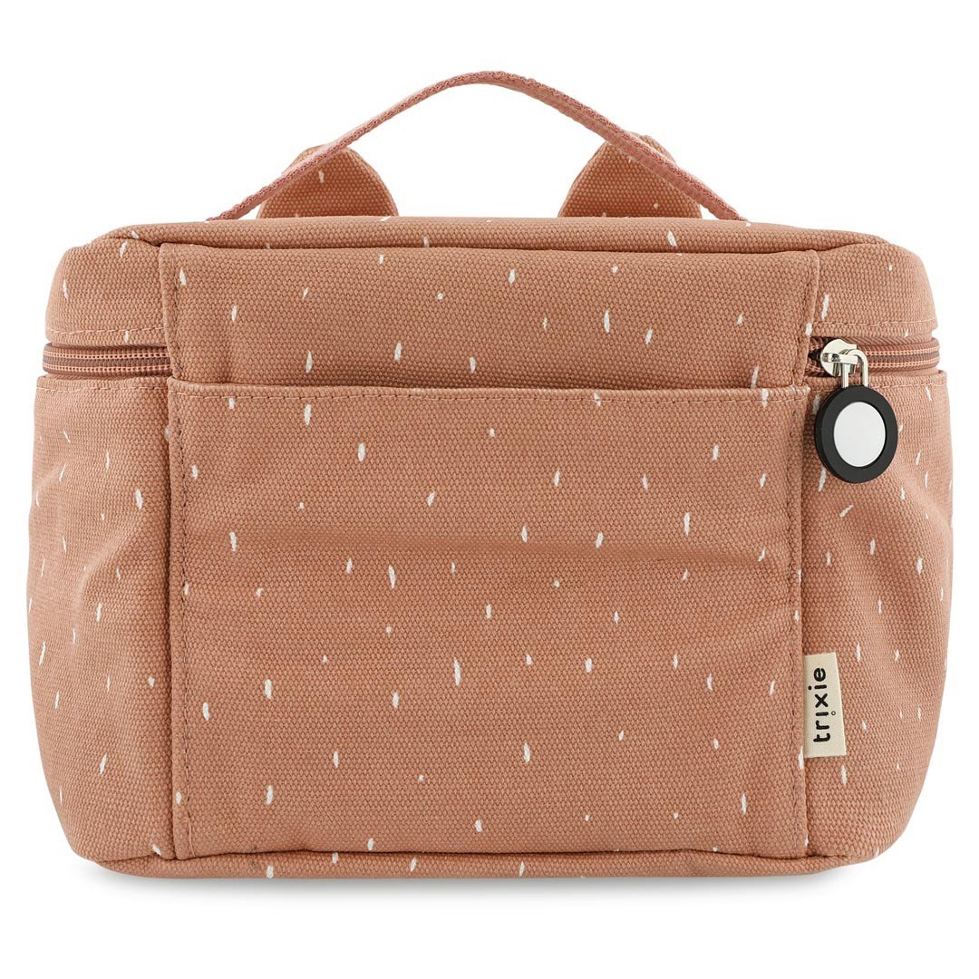 4. Back view of Trixie Baby Mrs. Cat thermal lunch bag showing zipper and Trixie logo tag, on white background