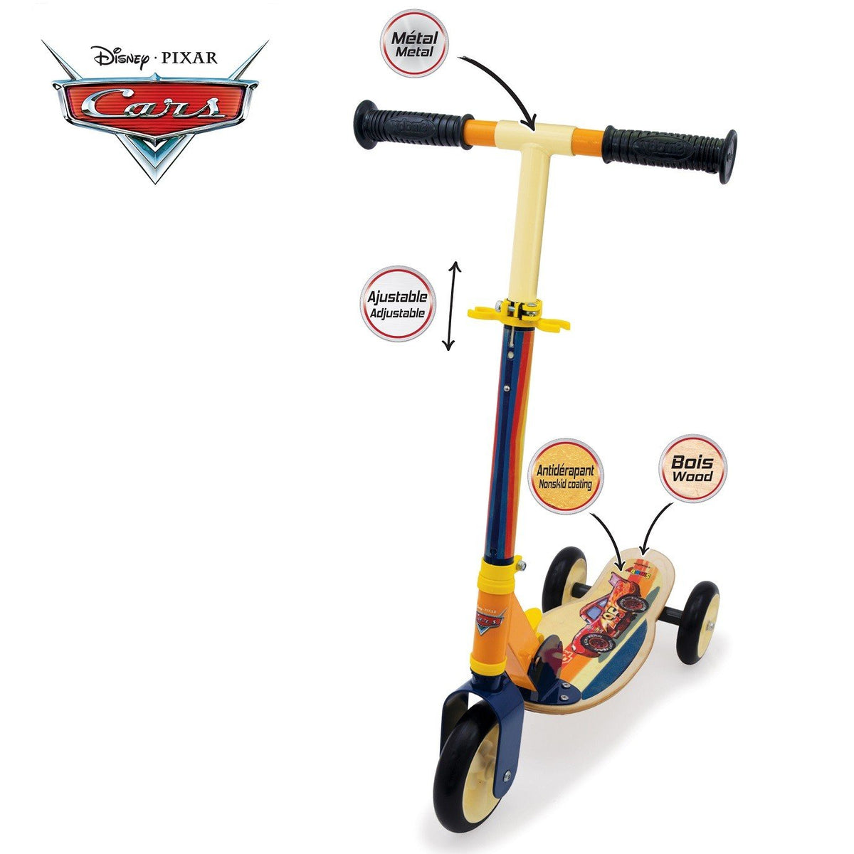 1. Three-wheeled wooden scooter with Cars theme, adjustable handlebar, and anti-slip wheels, shown with labeled features