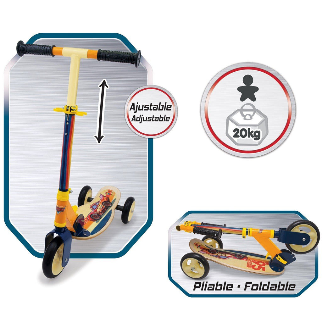 4. Three-wheeled wooden scooter with Cars theme, shown folded with adjustable handlebar and 20kg weight limit