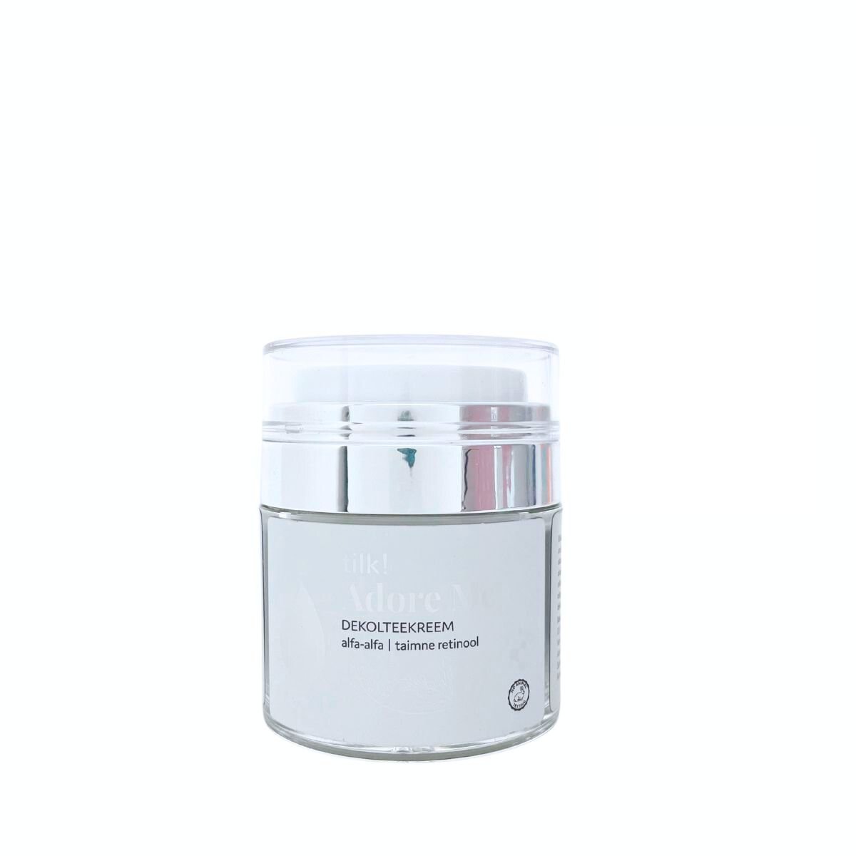 3. Studio image of Tilk! Adore Me Rich Décolleté Cream with alfalfa and plant-based retinol, 50ml jar