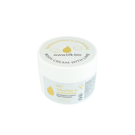 1. Tilk! Moisturising Probiotic Body Cream with Lime, 200ml jar, shown in studio setting