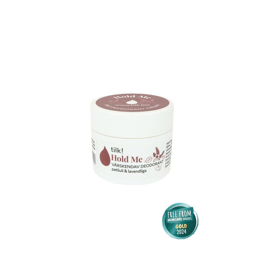 1. Tilk! Hold Me deodorant jar with award badge, featuring patchouli and lavender scent