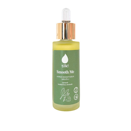 1. Tilk! Smooth Me Face Oil with juniper berry extract, 30ml bottle with dropper, shown in studio setting