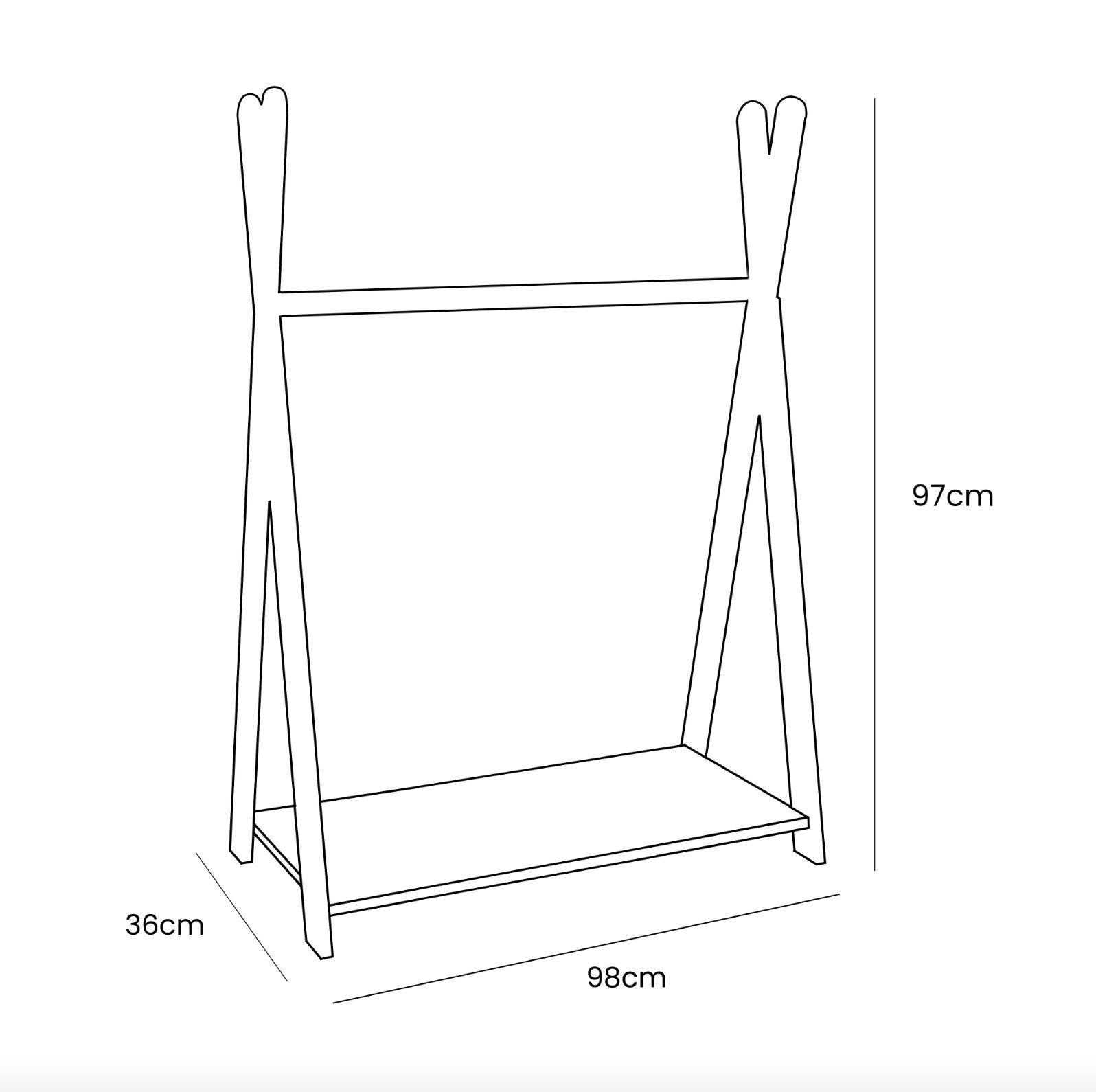 5. Size chart for MeowBaby Tipi clothing rack showing dimensions in centimeters