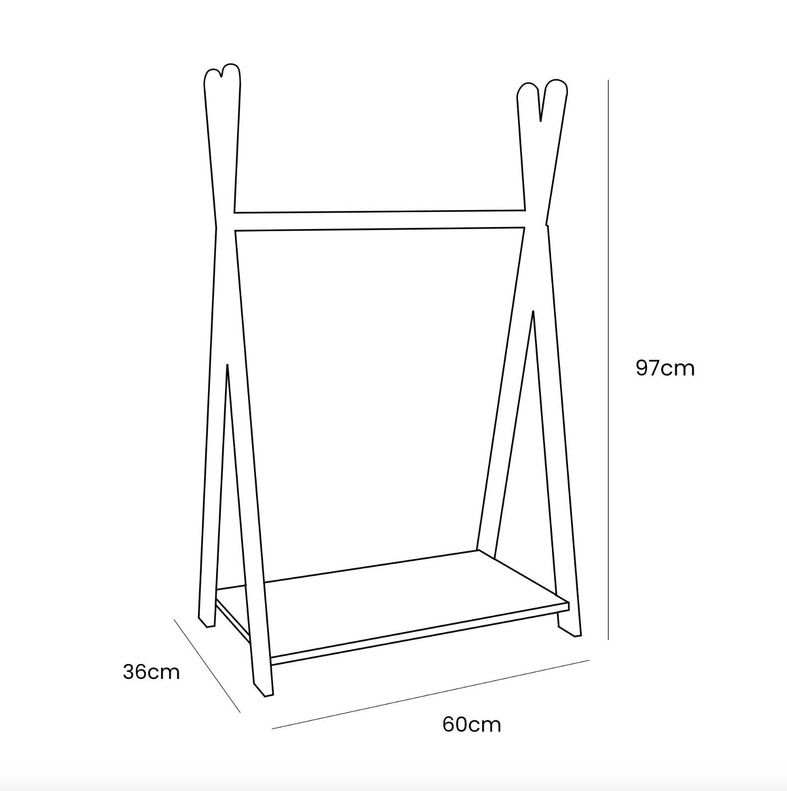 5. Size chart for MeowBaby Tipi clothing rack for children, showing dimensions in centimeters