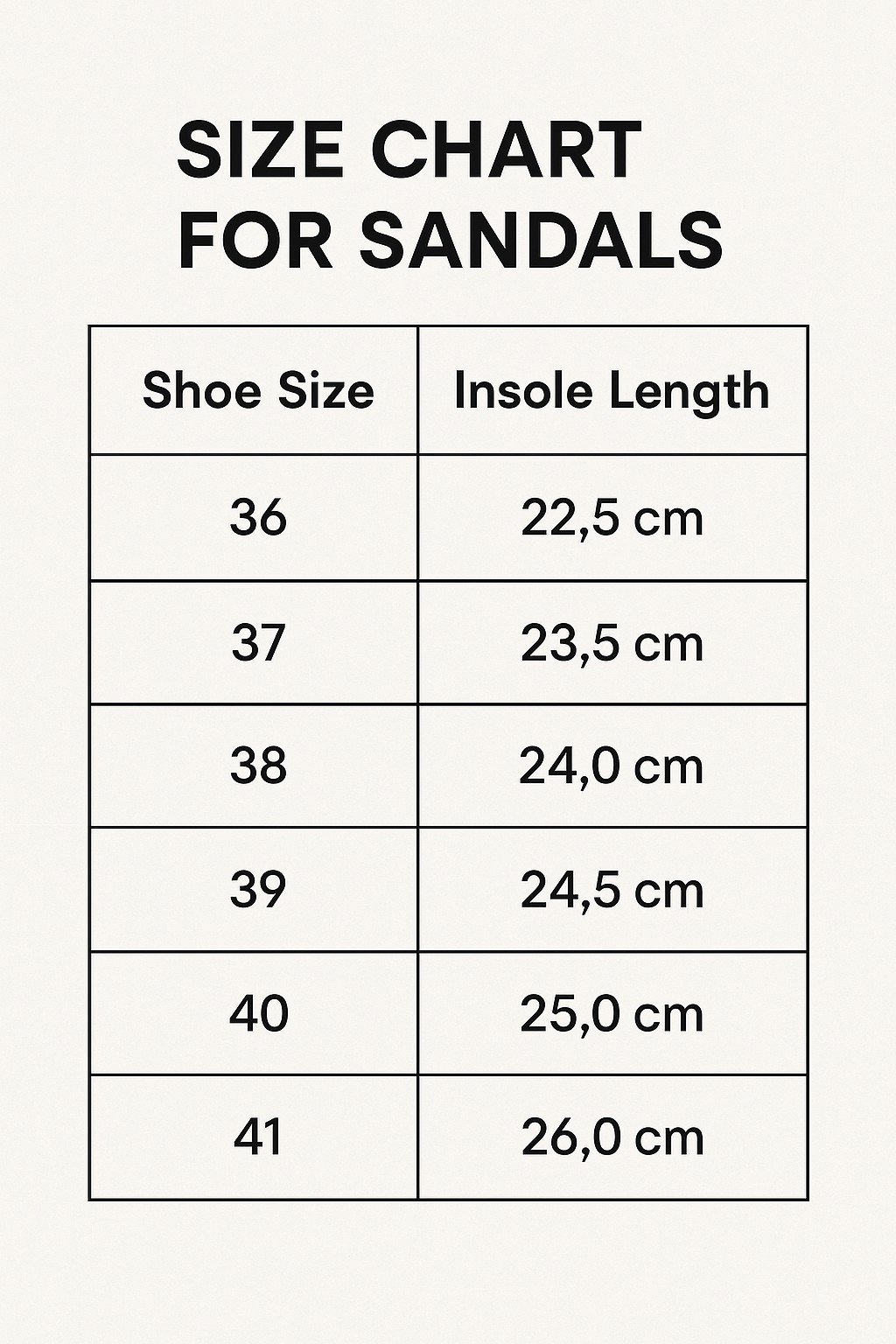 3. Size chart for TOKU Athens Sandals, showing shoe sizes 36 to 41 with insole lengths in cm