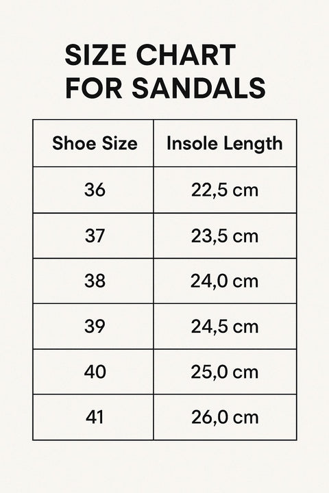 3. Size chart for TOKU Athens Sandals, showing shoe sizes 36 to 41 with insole lengths in cm
