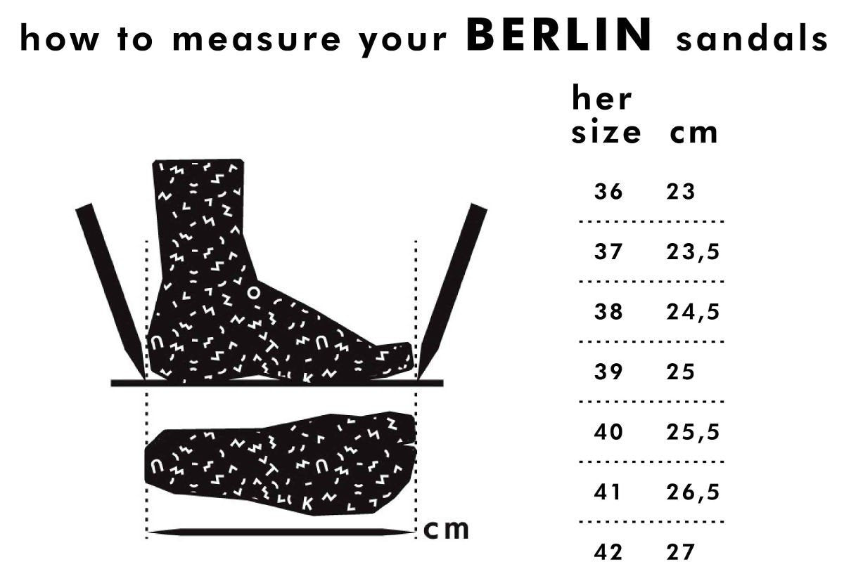 3. Size chart for women's TOKU Berlin sandals, showing sizes 36 to 42 in centimeters