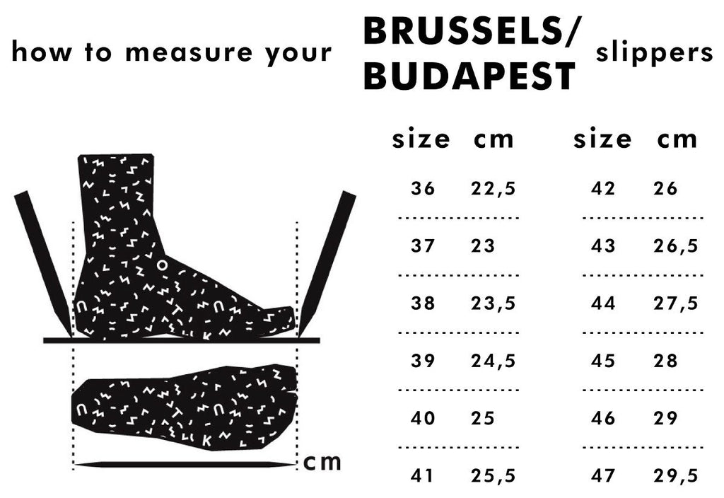 3. Size chart for Brussels/Budapest slippers, showing measurements in cm for sizes 36 to 47