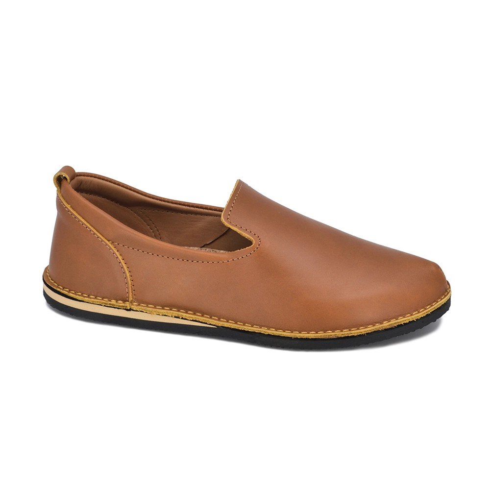3. Studio image of TOKU London Classic Shoes in Ocre, side view showing leather upper and stitching details