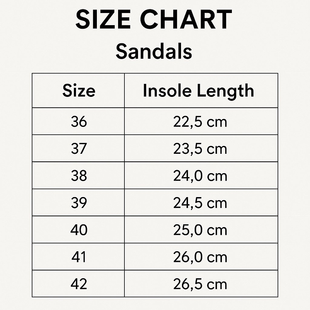 4. Size chart for TOKU Rome Vegan Sandals, showing insole lengths for sizes 36 to 42