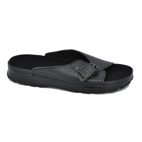 2. Studio image of black TOKU Rome Vegan Sandals by Omaking, showing wide fit and minimalist design