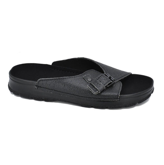 2. Studio image of black TOKU Rome Vegan Sandals by Omaking, showing wide fit and minimalist design