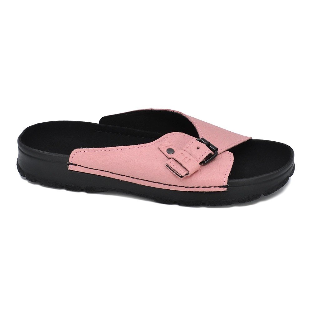 2. Studio shot of pink TOKU Rome Vegan Sandals by Omaking, showing side view and buckle detail