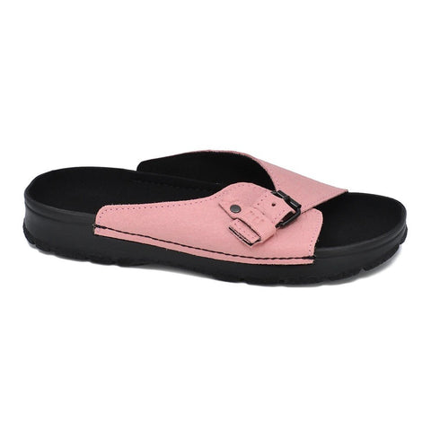 2. Studio shot of pink TOKU Rome Vegan Sandals by Omaking, showing side view and buckle detail