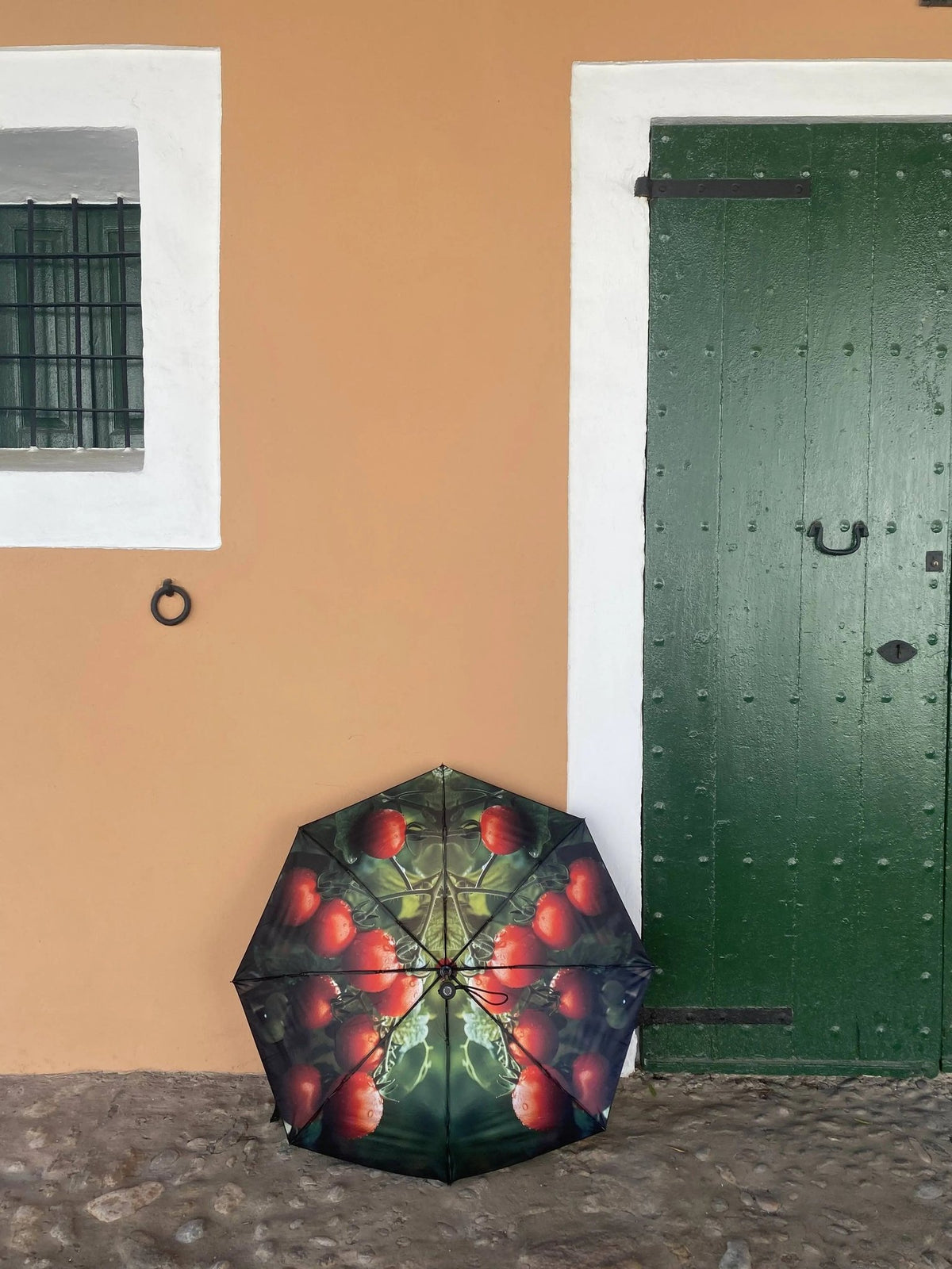 1. Tomato print umbrella leaning against a peach wall with a green door, showcasing vibrant design