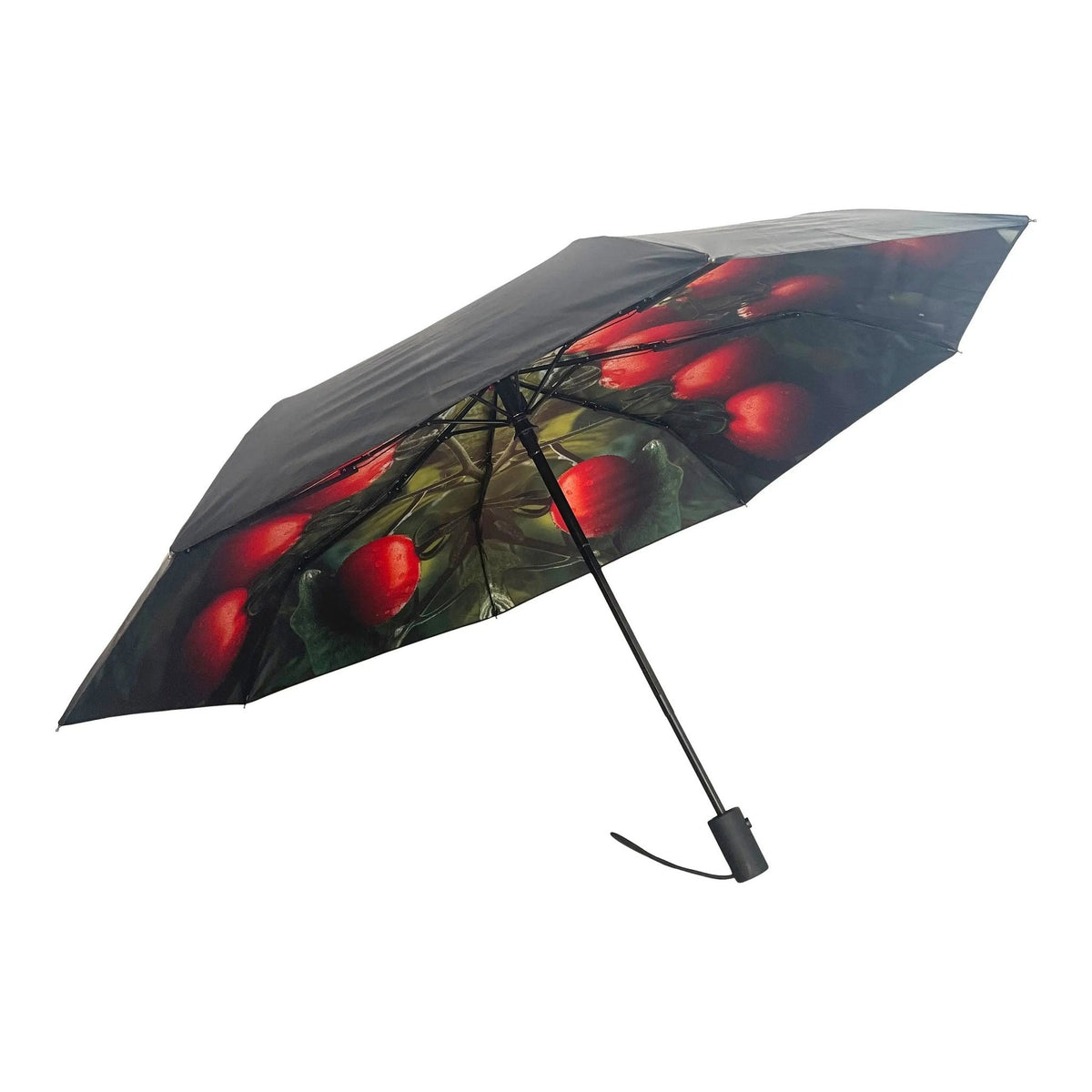 2. Black-coated umbrella with vibrant red tomato print, shown open in studio setting