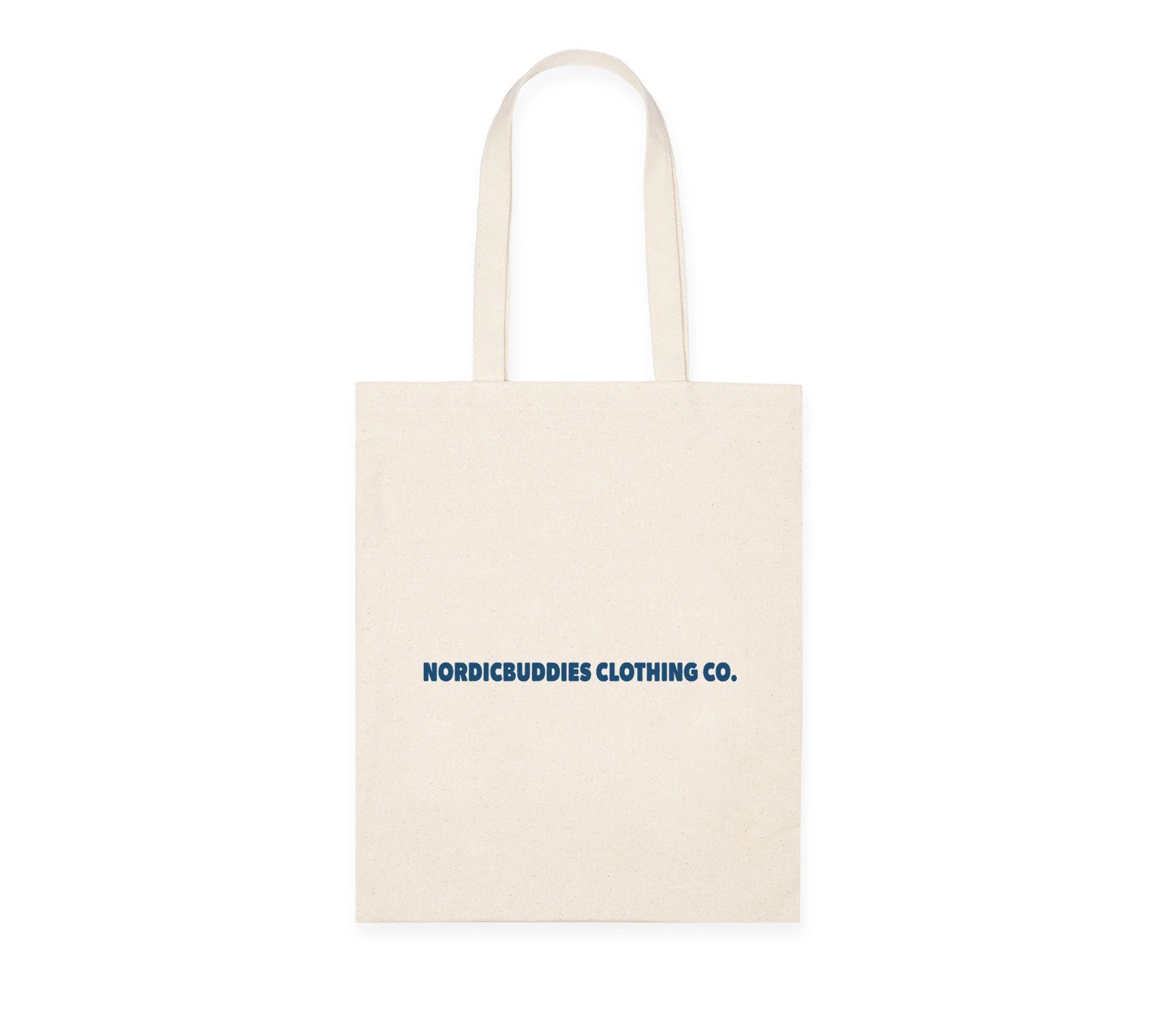 2. Back view of Moomin by NordicBuddies beige tote bag with NordicBuddies Clothing Co. text, 100% heavy cotton