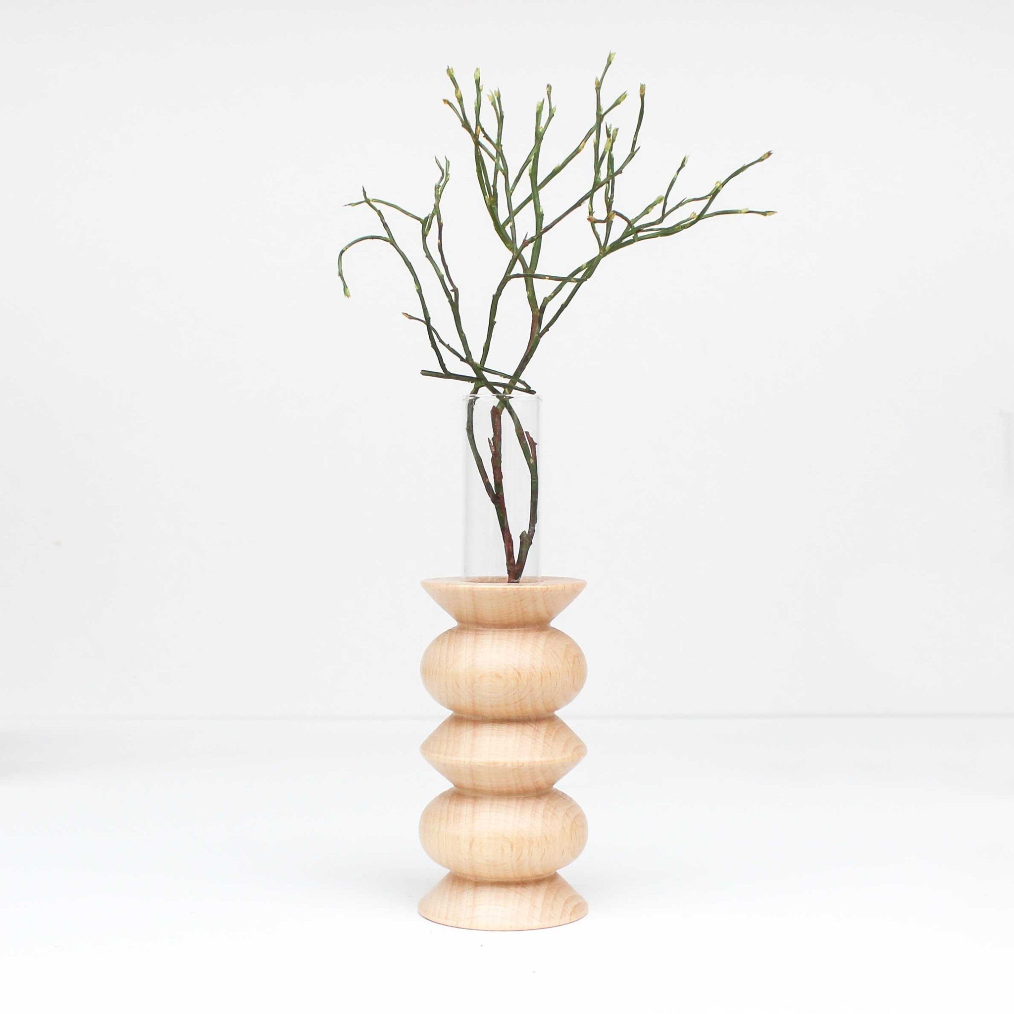 1. Totem Wooden Vase - Medium Nº 5 by 5mm Paper with glass tube and branches, studio setting