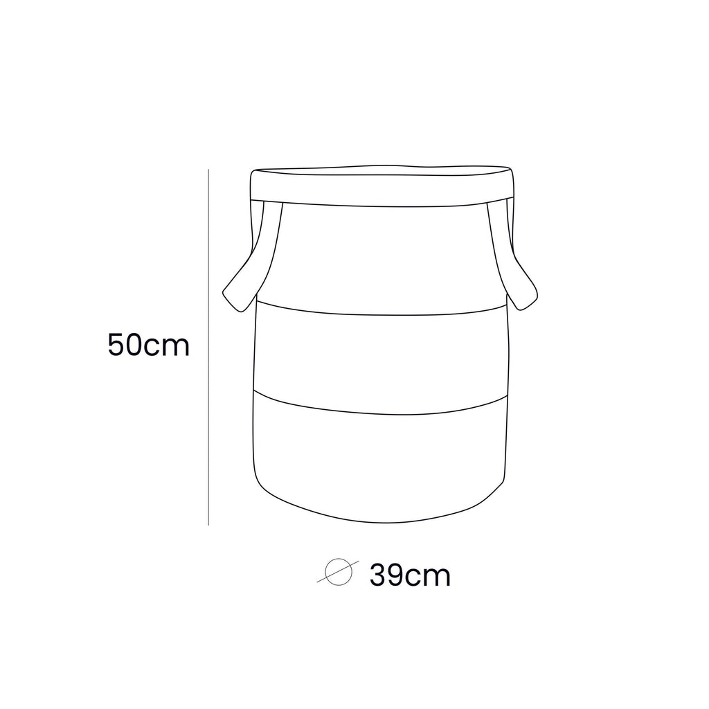 5. Size chart for olive green toy storage basket showing dimensions 39 x 50 cm with handle illustration
