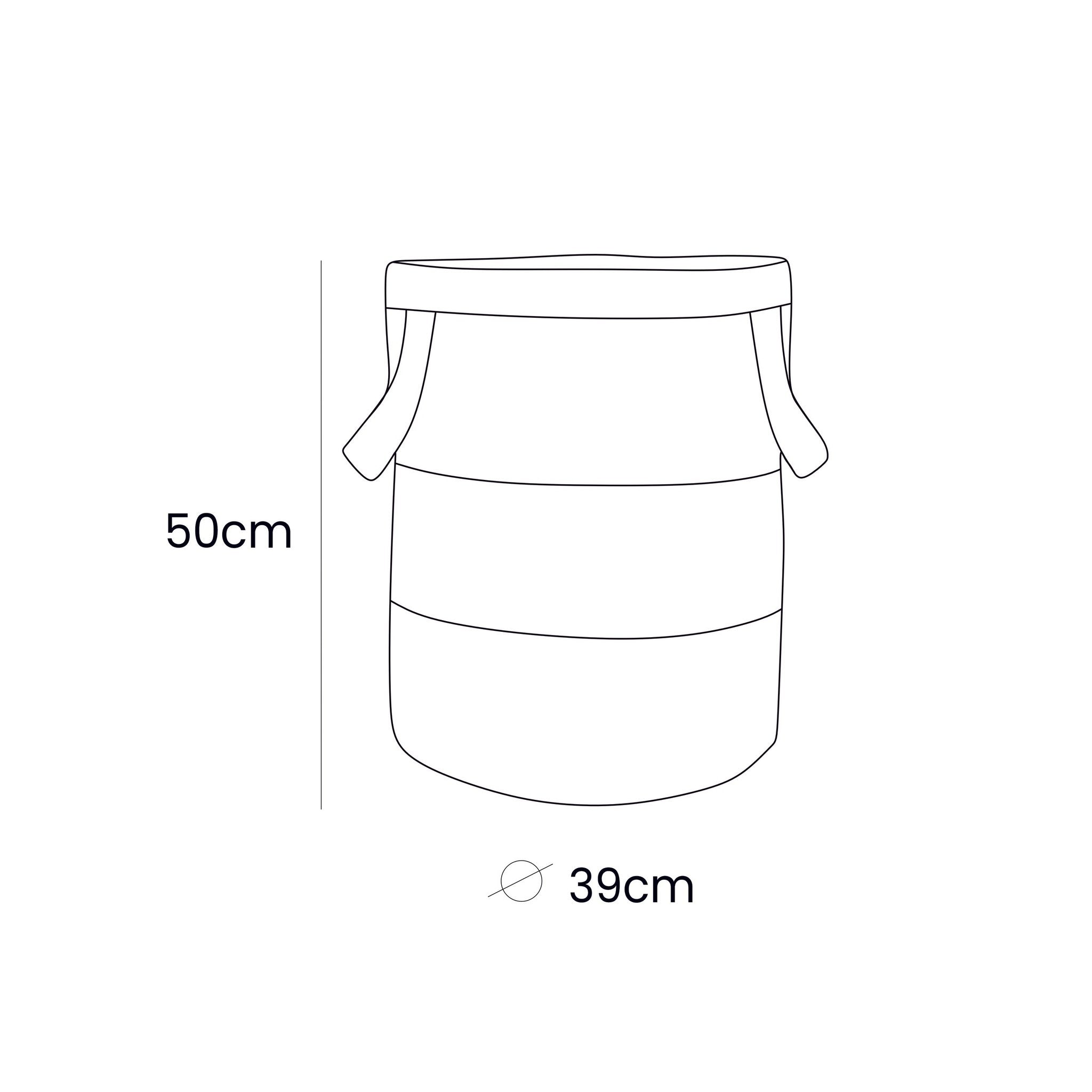 5. Size chart for olive green toy storage basket showing dimensions 39 x 50 cm with handle illustration