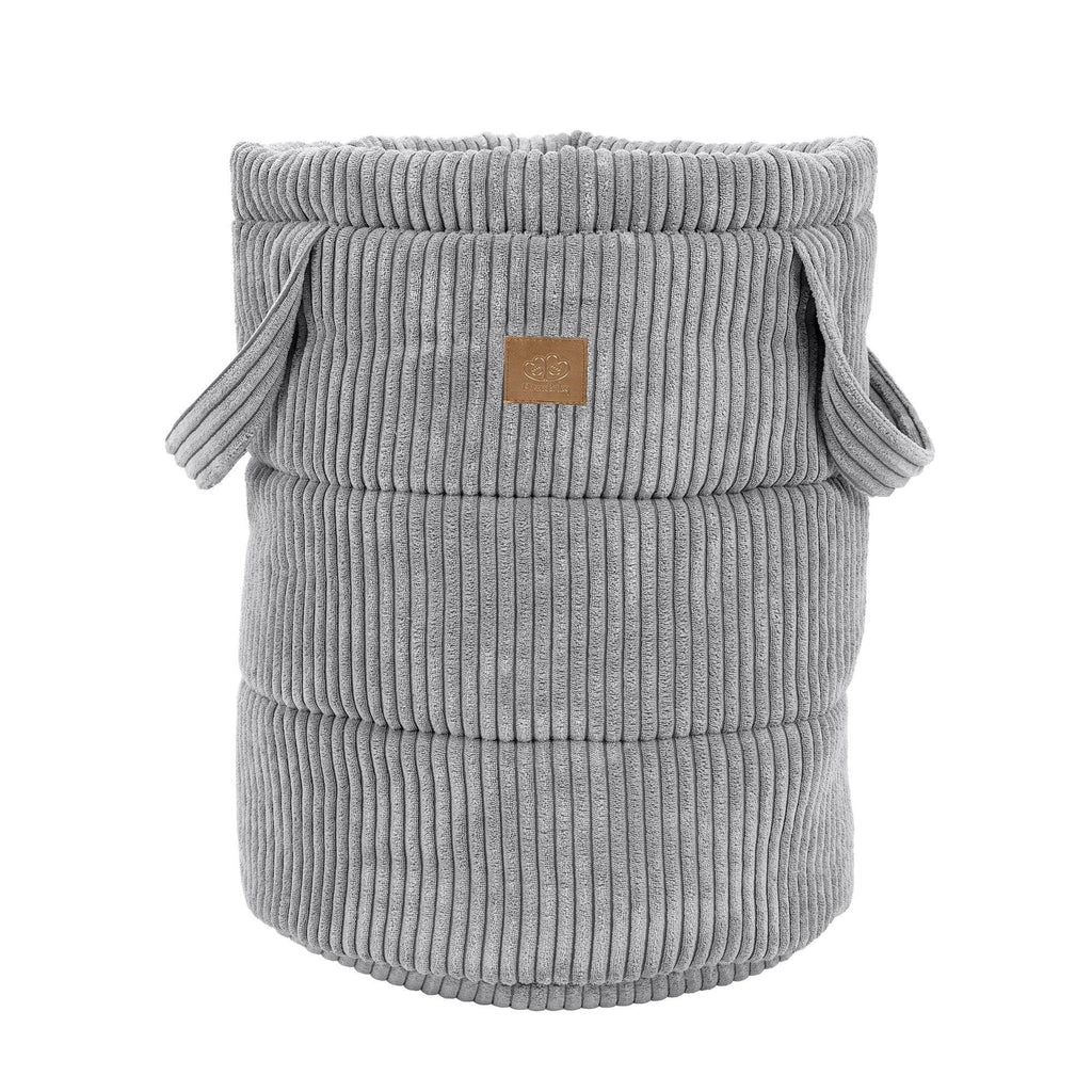 1. Grey corduroy toy storage basket with side handles and MeowBaby logo on white background