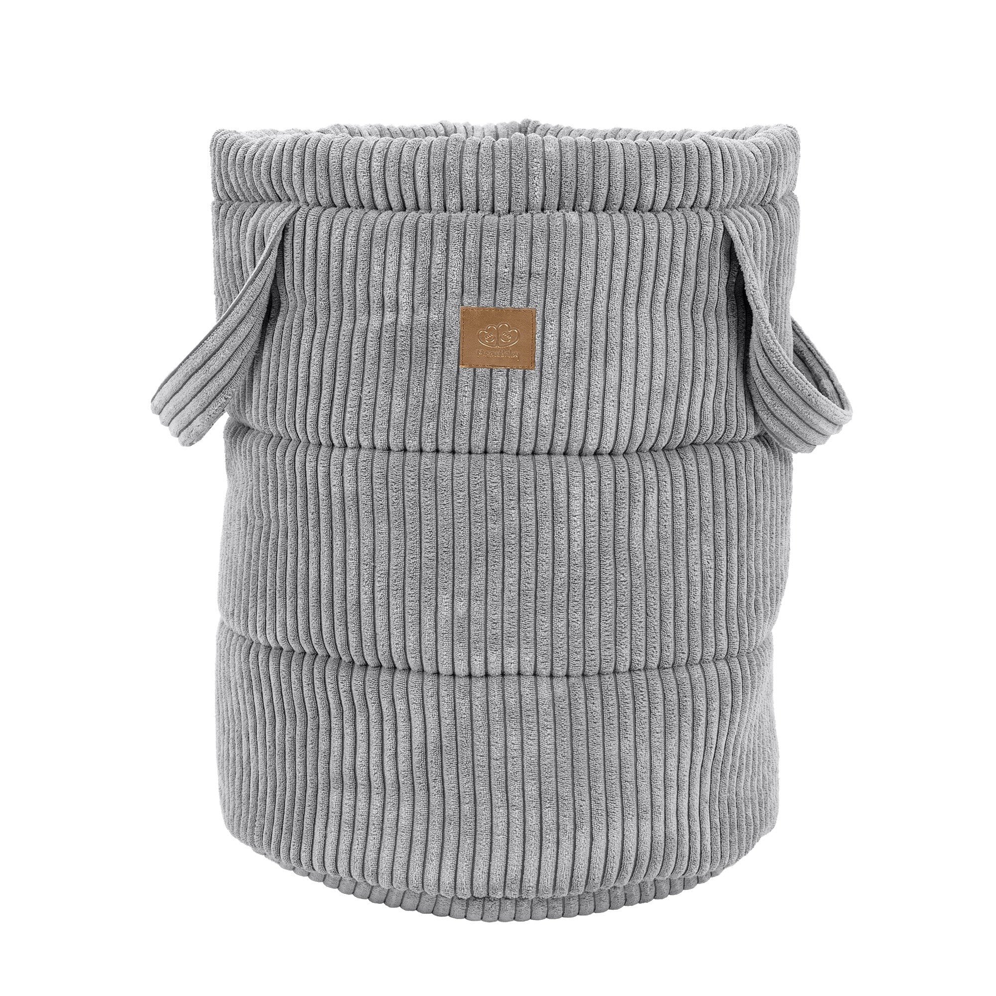 1. Grey corduroy toy storage basket with side handles and MeowBaby logo on white background