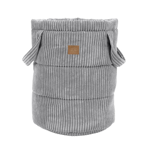 1. Grey corduroy toy storage basket with side handles and MeowBaby logo on white background