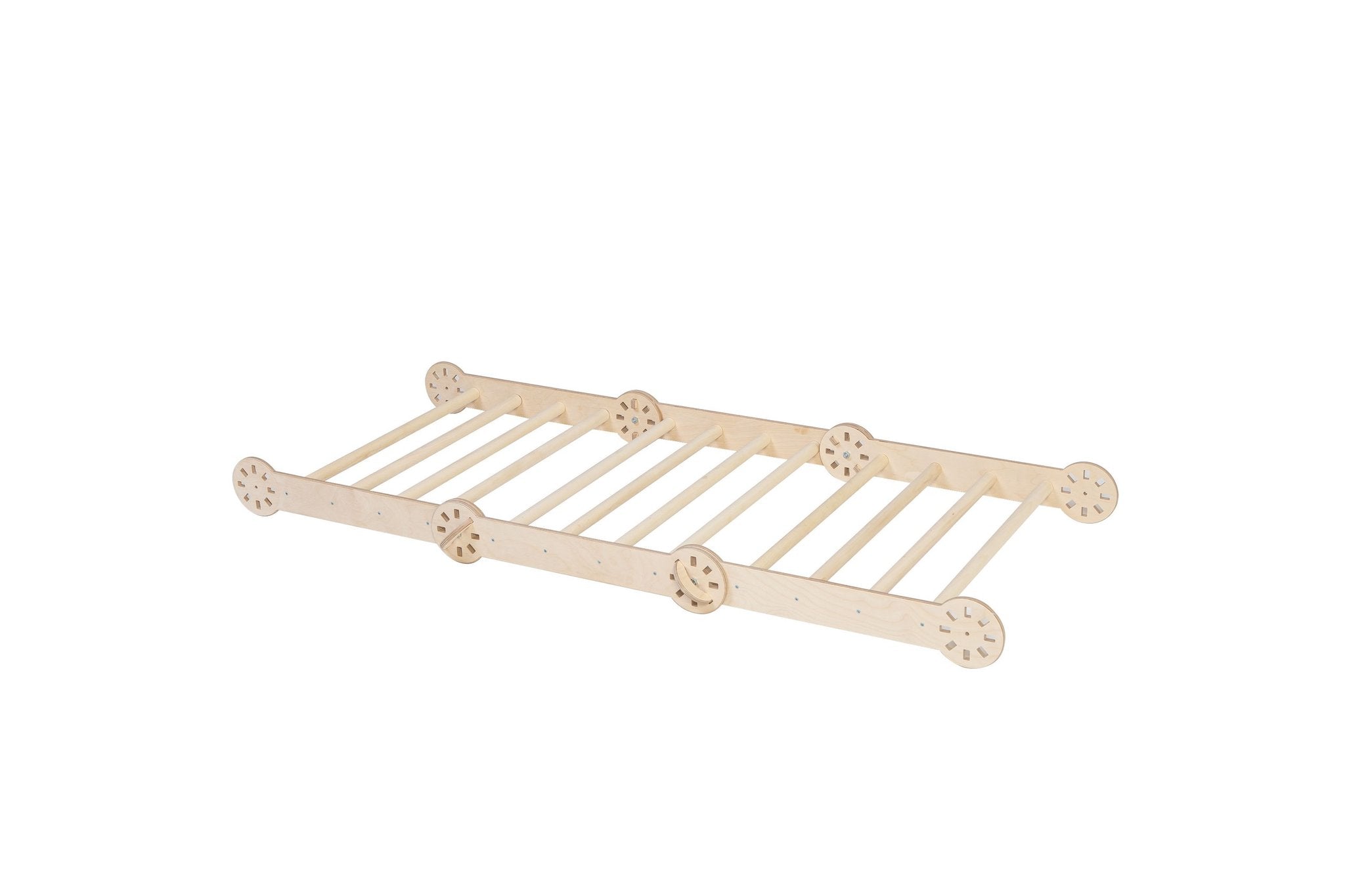 2. Studio shot of transformable Montessori climber in natural wood finish, shown flat on a white background