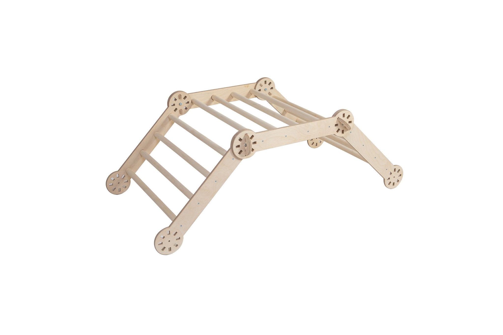 2. Studio shot of transformable Montessori climber in natural wood finish, shown in a climbing position on a white background