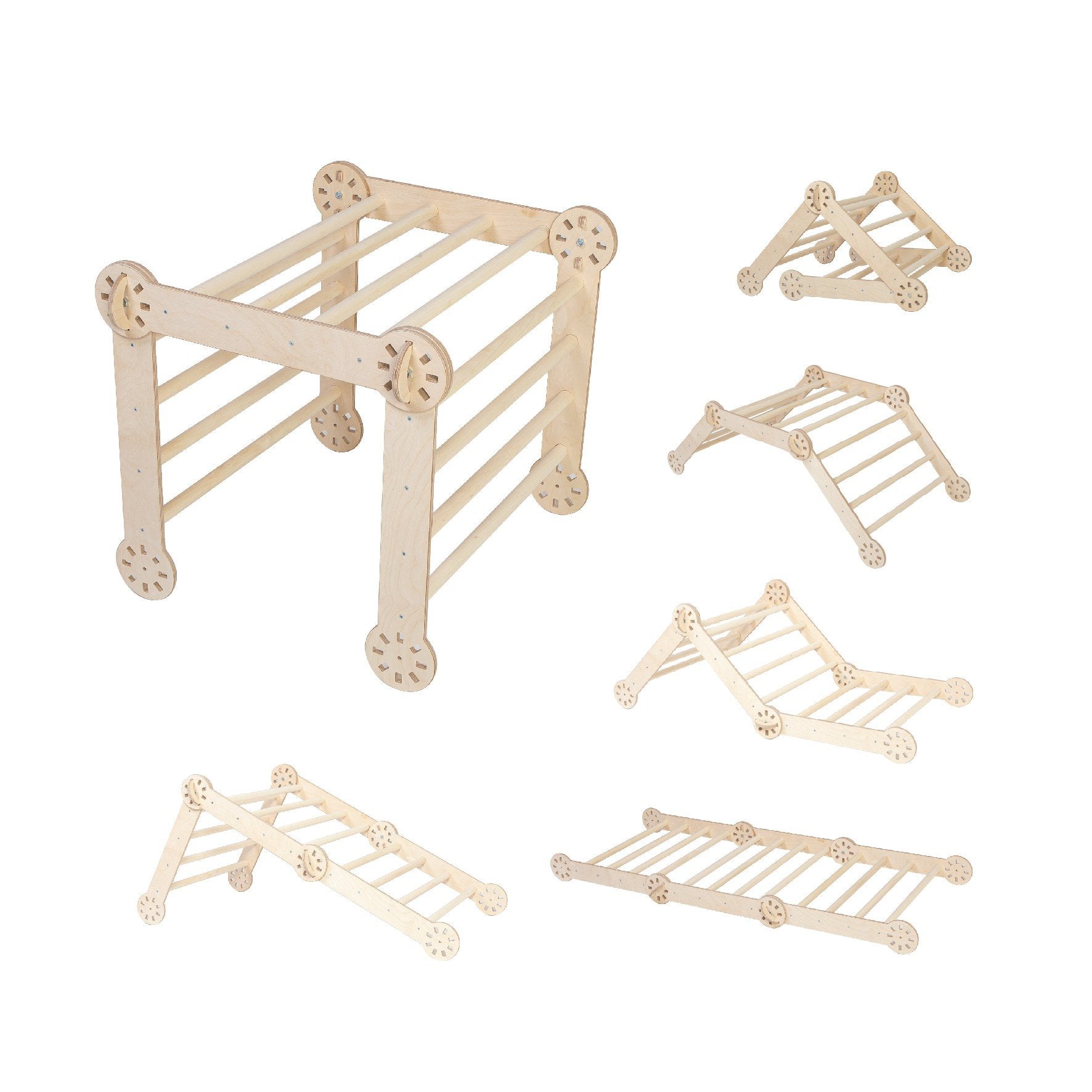 4. Flat lay of transformable Montessori climber in natural wood finish, showing various configurations on a white background