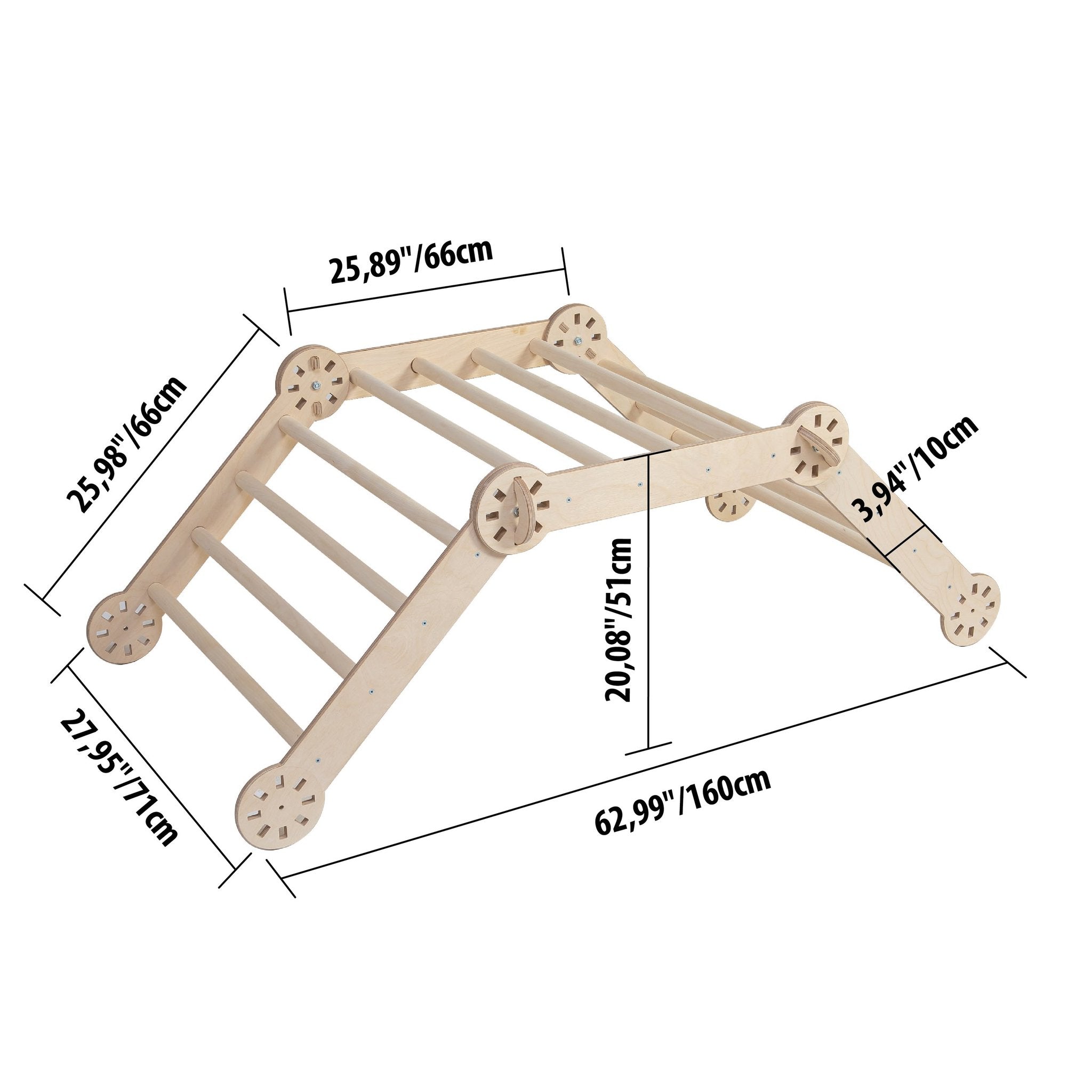 2. Studio shot of wooden Montessori climber with dimensions labeled in centimeters