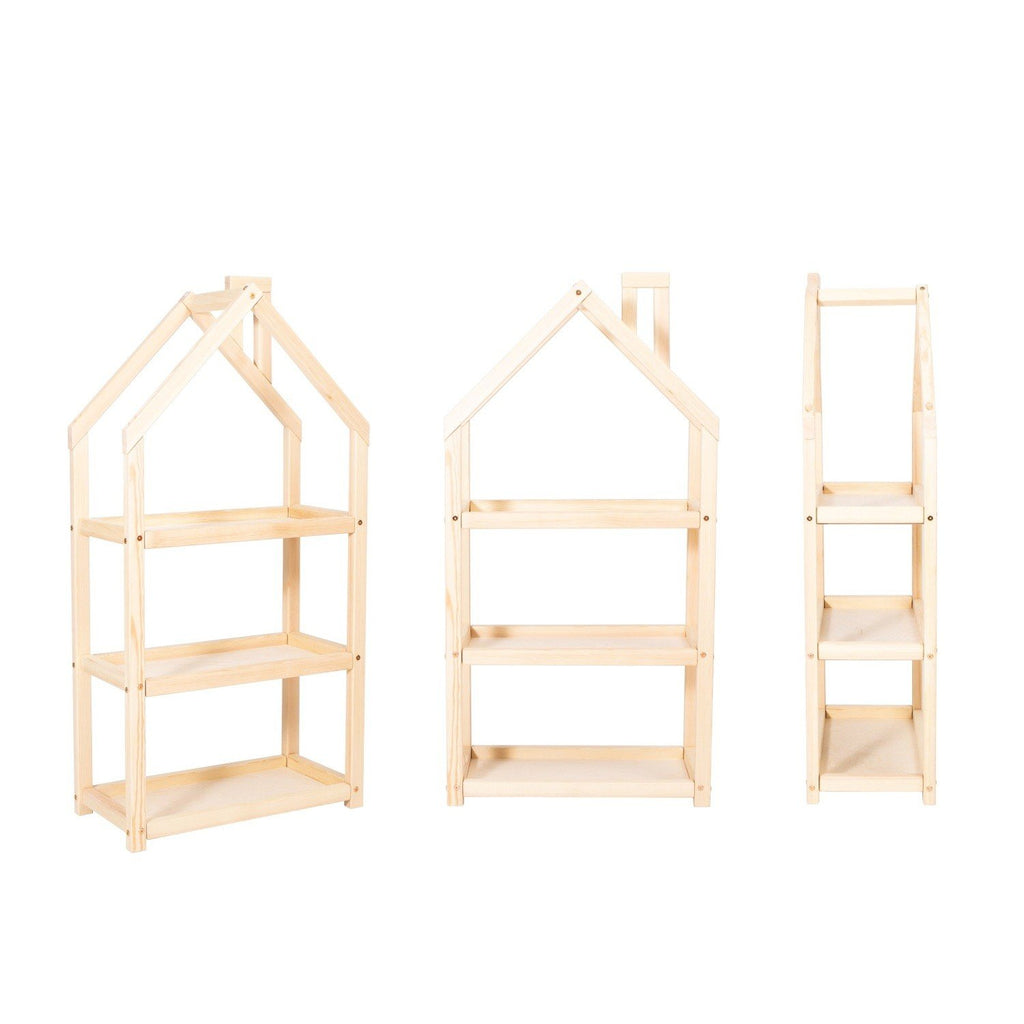 4. Three views of natural wood house-shaped shelf showing front, side, and angled perspectives