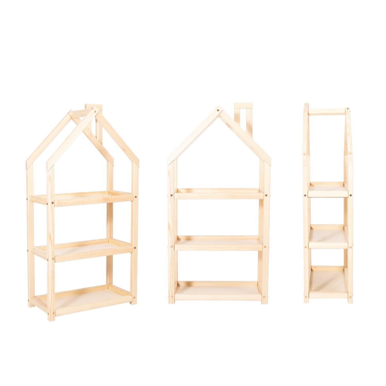 4. Three views of natural wood house-shaped shelf showing front, side, and angled perspectives