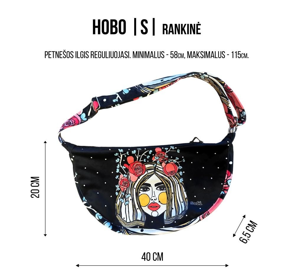 5. Size chart for Garbanota Hobo Bag - Leopard Heart, size S, showing dimensions and adjustable strap length