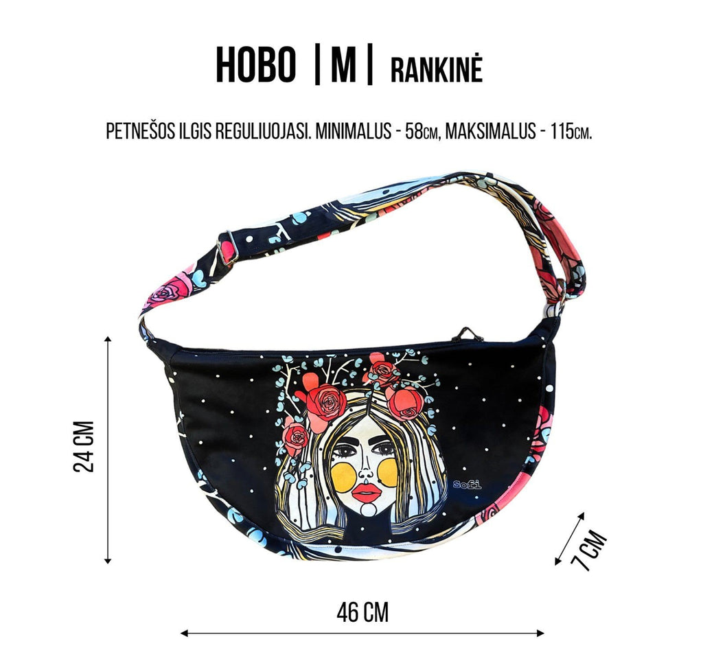 8. Size chart for Garbanota Hobo Bag in Small, showing dimensions and adjustable strap length