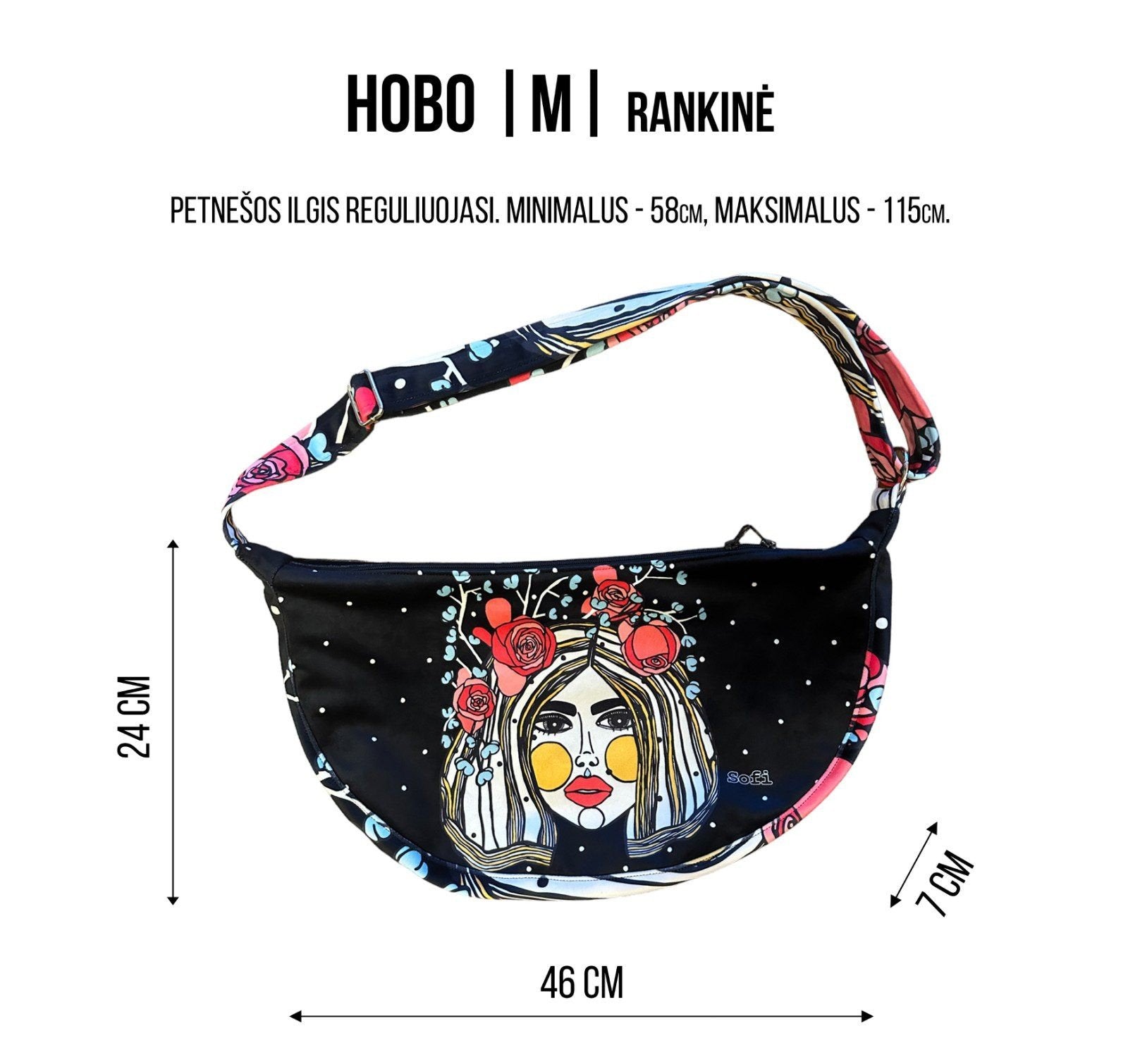 6. Size chart for Garbanota Hobo Bag - Leopard Heart, size M, detailing dimensions and strap adjustability
