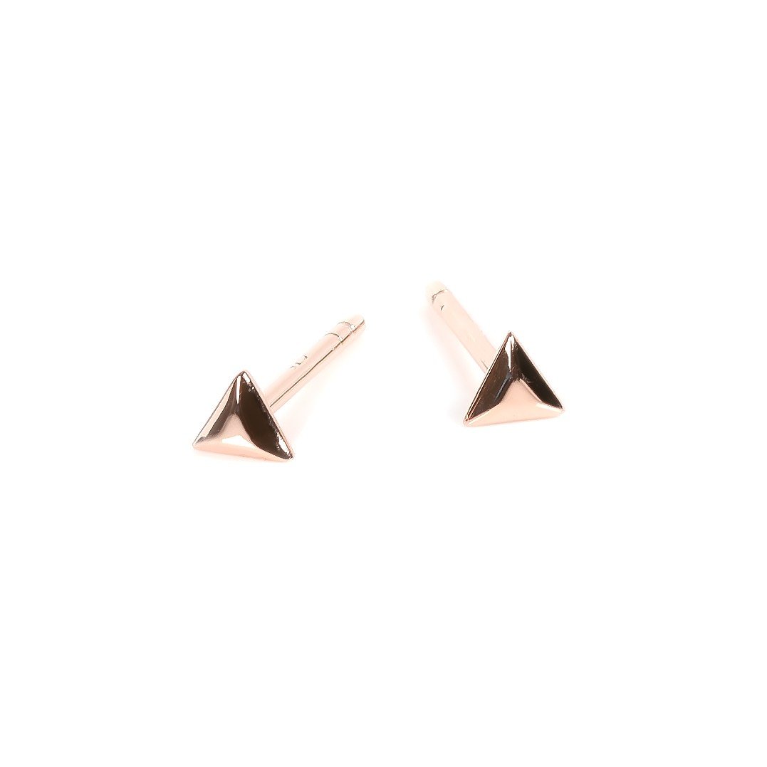 2. Rose gold triangle stud earrings with pyramid design on white background