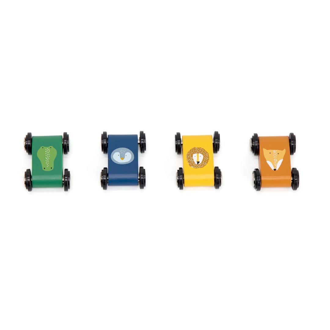 5. Close-up of four colorful animal-themed cars from Trixie Baby wooden race track
