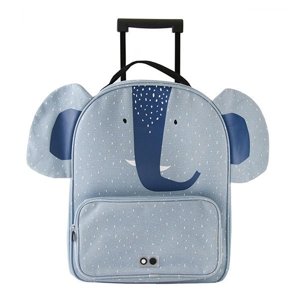 2. Front view of Trixie Baby Mr Elephant travel trolley for kids, featuring blue elephant design with ears and trunk, telescopic handle, and front pocket