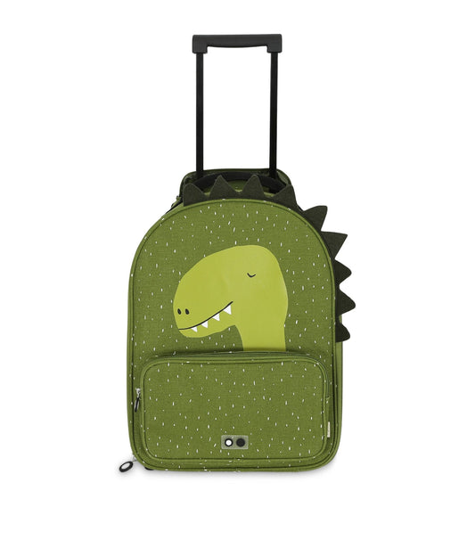 1. Green kids' travel trolley with dinosaur design, front view showing telescopic handle and front pocket, by Trixie Baby
