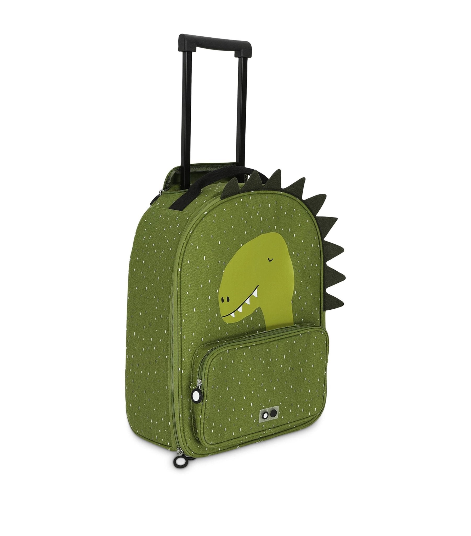 3. Side view of green kids' travel trolley with dinosaur design and telescopic handle, by Trixie Baby