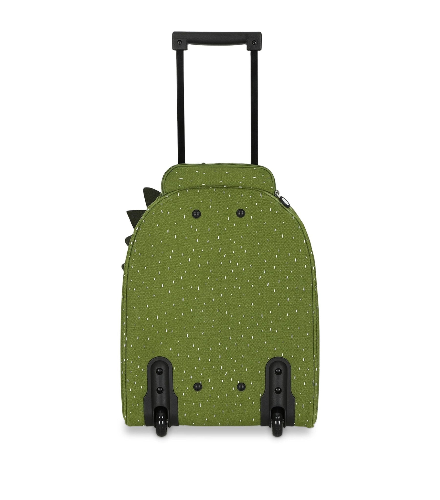 2. Back view of green kids' travel trolley with wheels and telescopic handle, by Trixie Baby