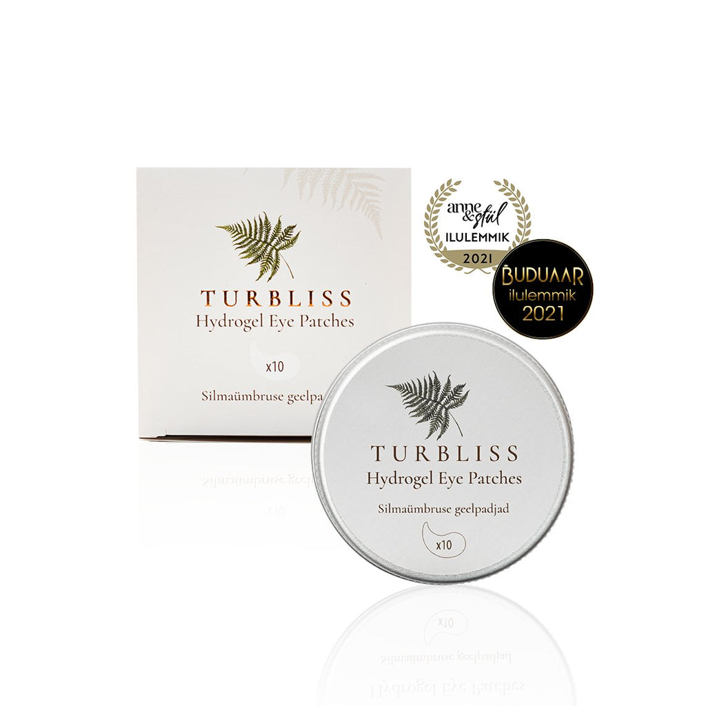 2. Turbliss Hydrogel Eye Patches packaging with awards, studio shot highlighting product design