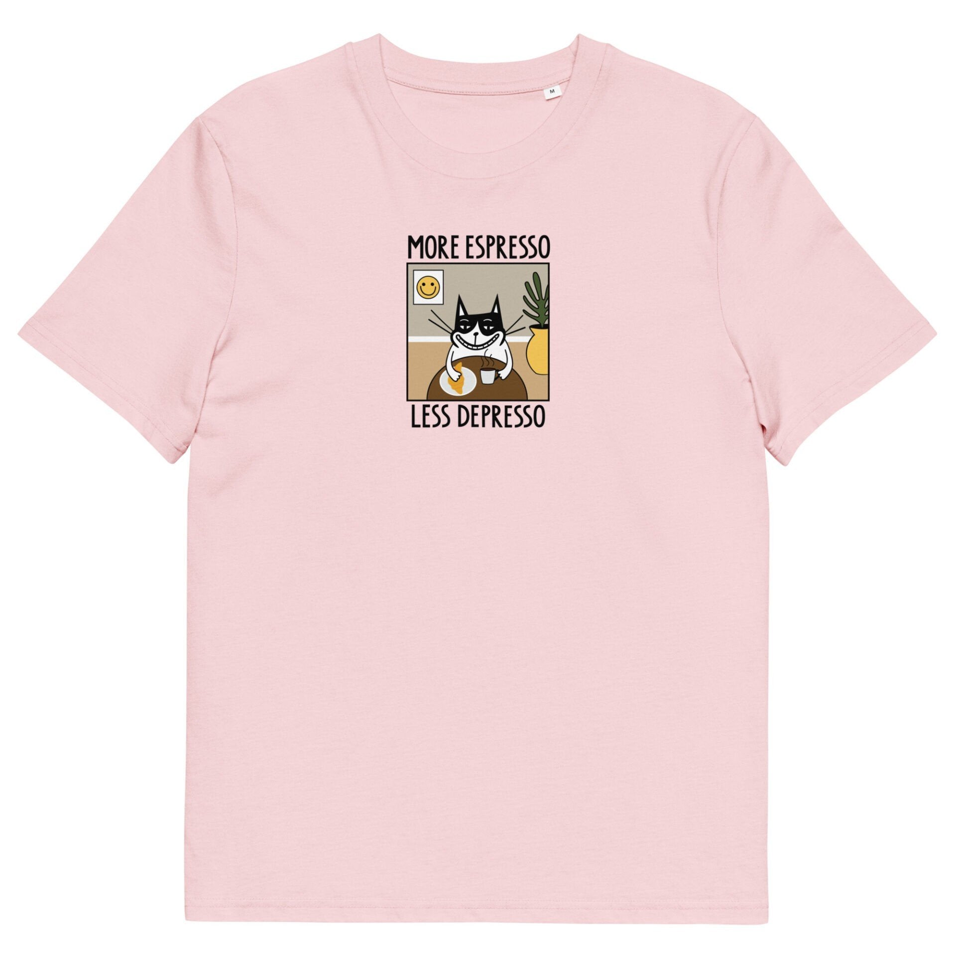 3. Studio shot of pink unisex T-shirt with 'More Espresso Less Depresso' print, front view